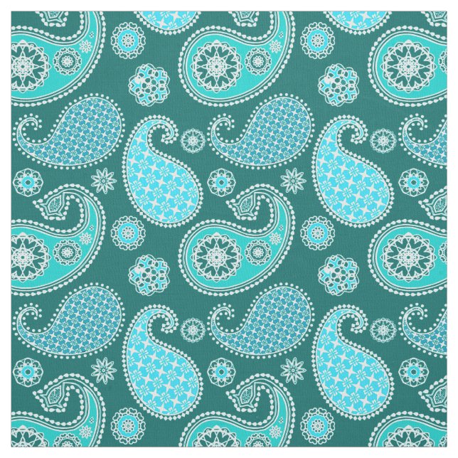 Paisley pattern, Teal, Aqua and White Fabric (Swatch)