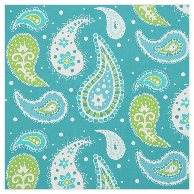 Paisley Pattern Teal Blue Lime Green Fabric (Swatch)