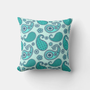 Paisley pattern, turquoise, aqua and navy outdoor cushion