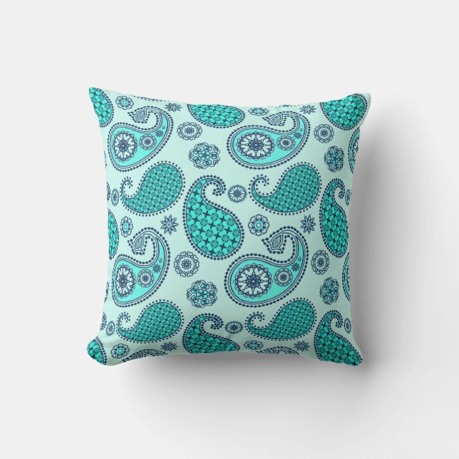 Paisley pattern, turquoise, aqua and navy outdoor cushion (Front)
