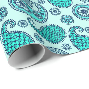 Paisley pattern, turquoise, aqua and navy wrapping paper