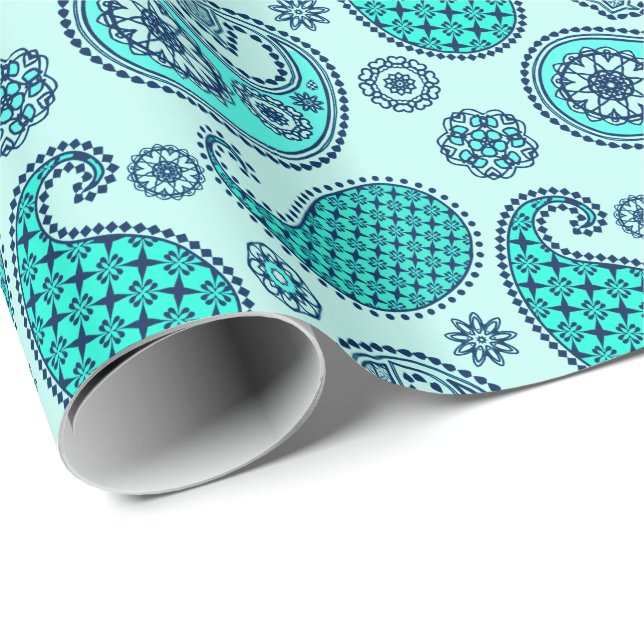 Paisley pattern, turquoise, aqua and navy wrapping paper (Roll Corner)