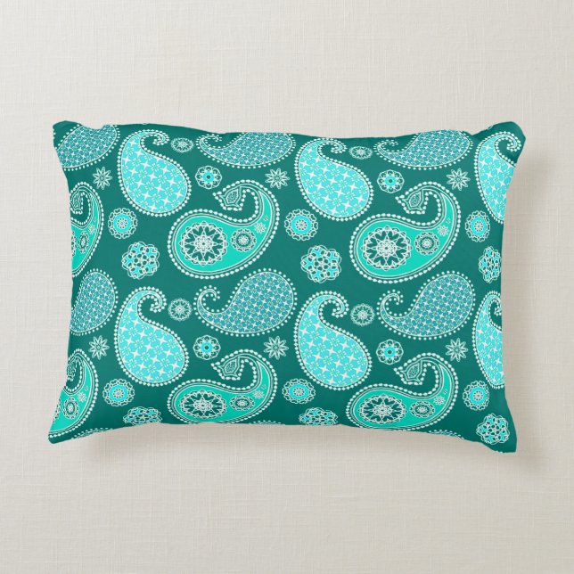 Paisley pattern, Turquoise, Aqua and White Decorative Cushion (Back)