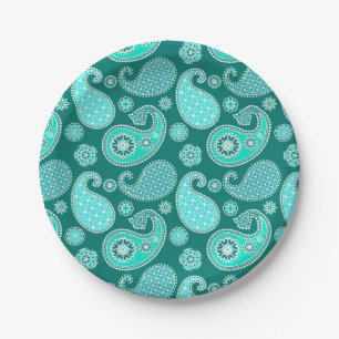 Paisley pattern, Turquoise, Aqua and White Paper Plate