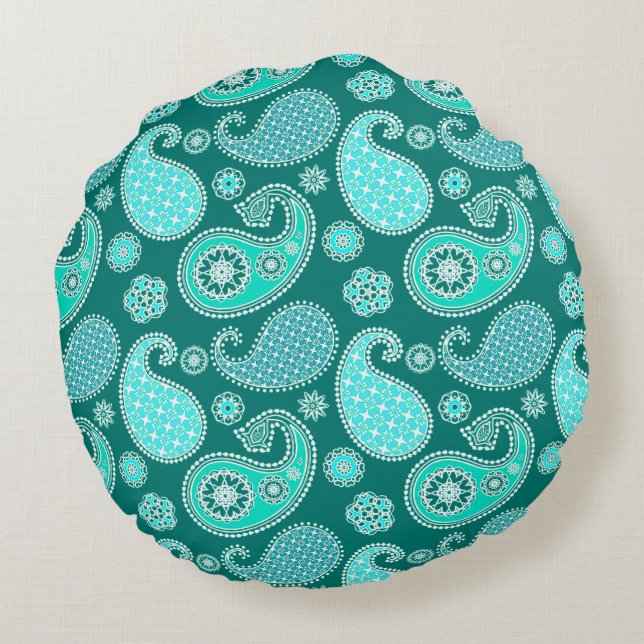 Paisley pattern, Turquoise, Aqua and White Round Cushion (Back)
