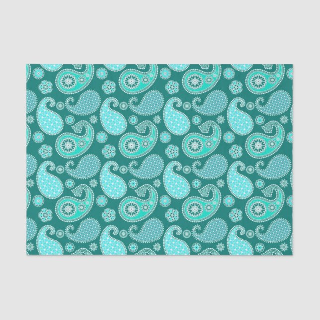 Paisley pattern, Turquoise, Aqua and White Tissue Paper (Front)