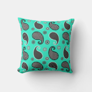 Paisley pattern, turquoise, black and white cushion