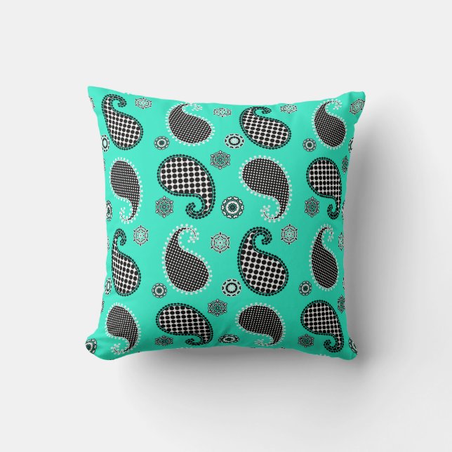 Paisley pattern, turquoise, black and white cushion (Front)