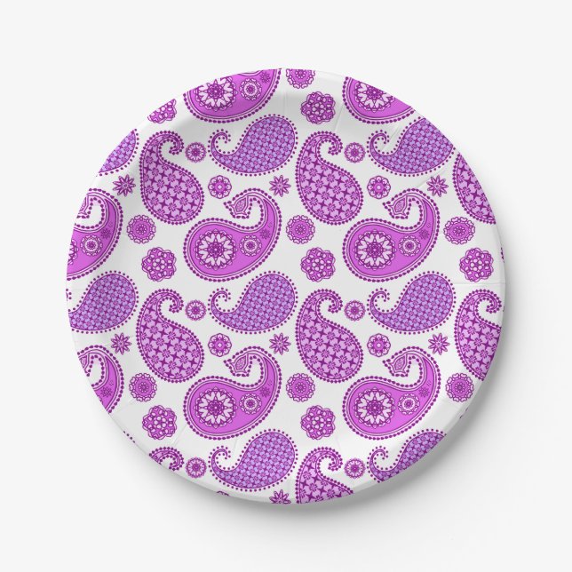 Paisley pattern, violet, purple and white paper plate (Front)