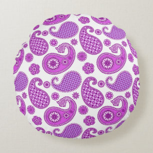 Paisley pattern, violet, purple and white round cushion