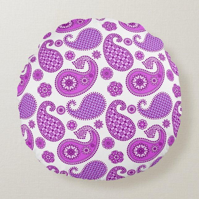 Paisley pattern, violet, purple and white round cushion (Front)