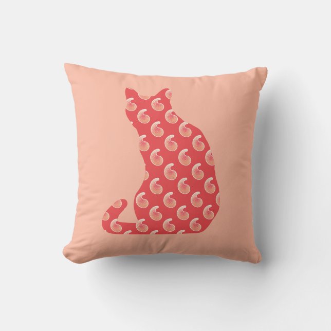 Paisley Patterned Cat - Shades of Coral Orange Cushion (Front)