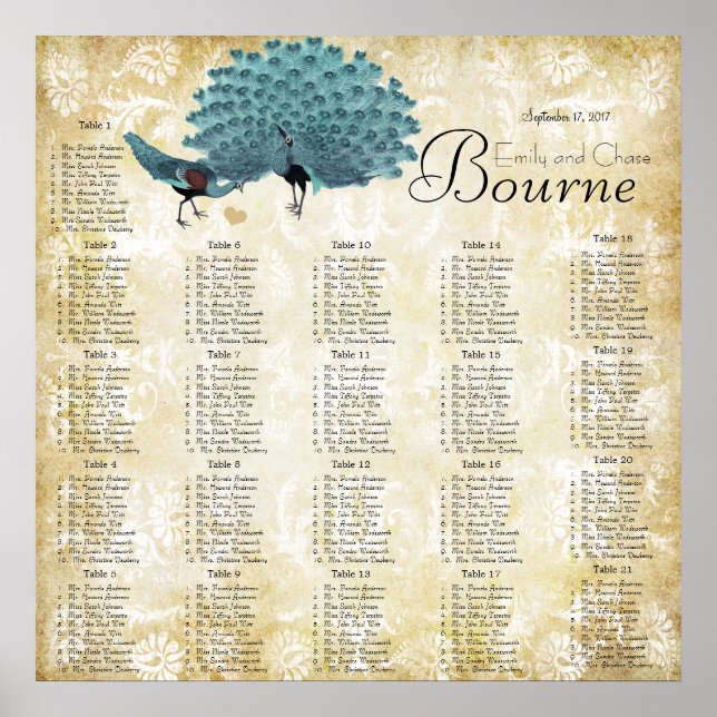 Paisley Peacock Colours Reception Seating Chart (Front)