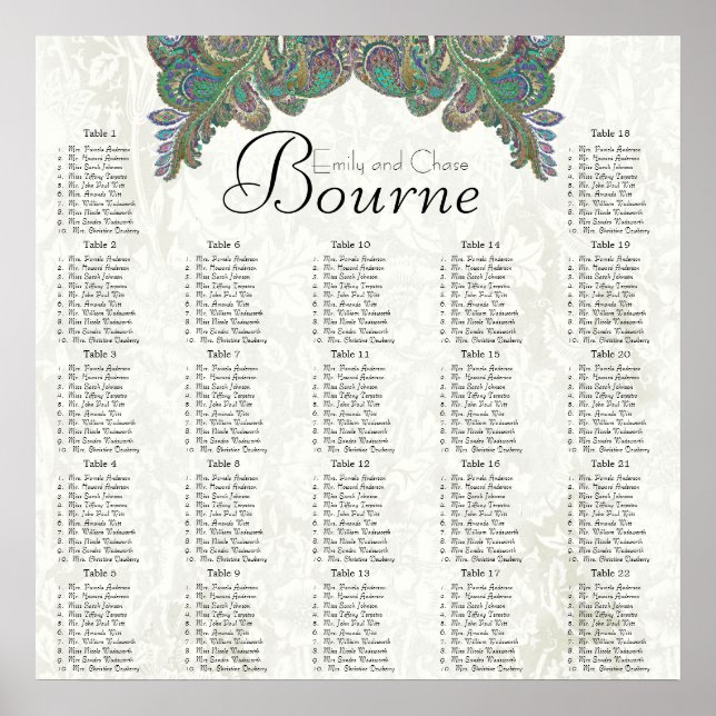 Paisley Peacock Colours Reception Seating Chart (Front)