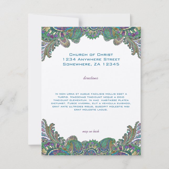 Paisley Peacock Colours Wedding Direction Receptio Invitation (Front)