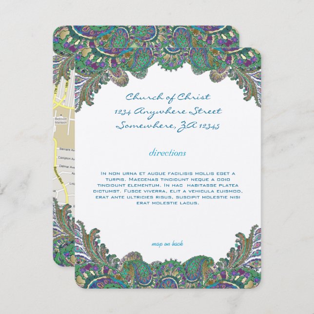Paisley Peacock Colours Wedding Direction Receptio Invitation (Front/Back)