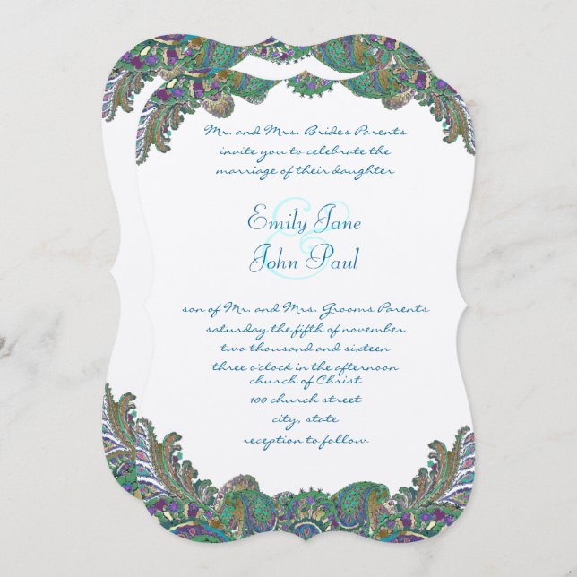Paisley Peacock Colours Wedding Invitations (Front/Back)