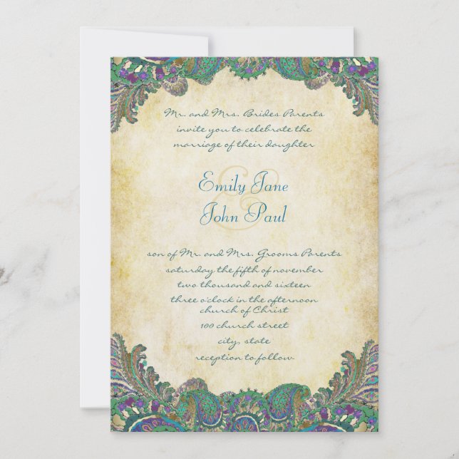 Paisley Peacock Colours Wedding Invitations (Front)