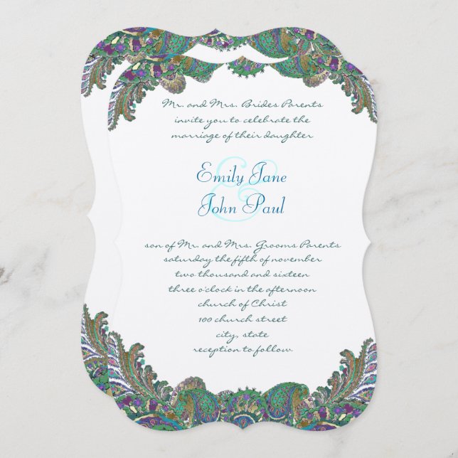 Paisley Peacock Colours Wedding Invitations (Front/Back)
