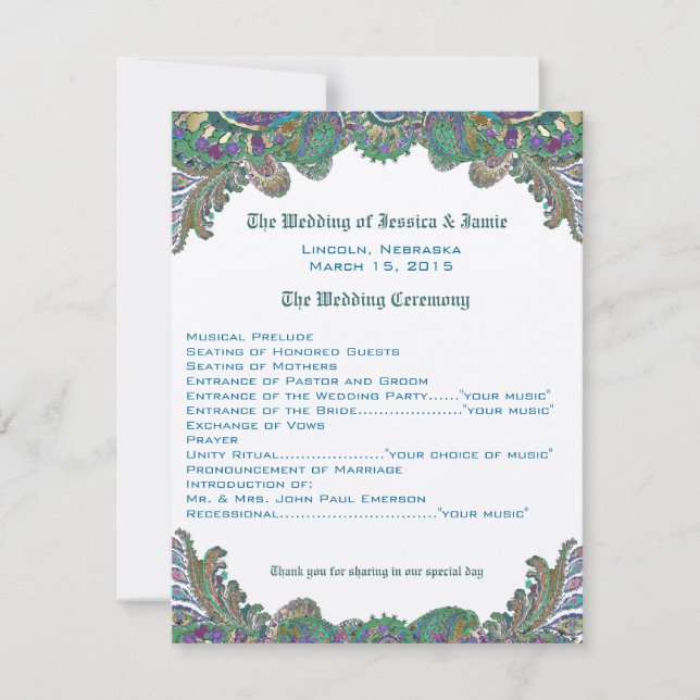 Paisley Peacock Colours Wedding Program Invitation (Front)
