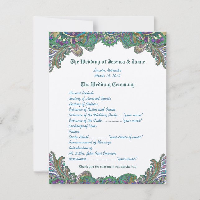 Paisley Peacock Colours Wedding Program Invitation (Front)