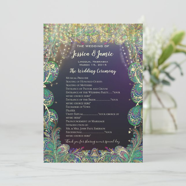 Paisley Peacock Colours Wedding Program Programme (Standing Front)