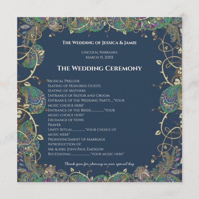 Paisley Peacock Colours Wedding Program Programme (Front)