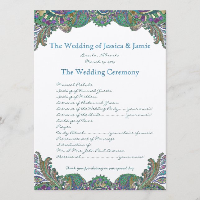 Paisley Peacock Colours Wedding Program Programme (Front)