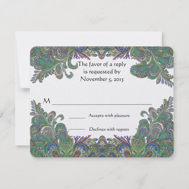 Paisley Peacock Colours Wedding Response Cards (Front)