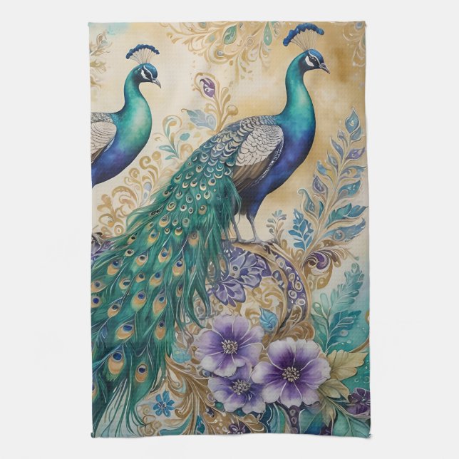 Paisley Peacock Floral Watercolor  Tea Towel (Vertical)
