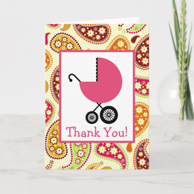 Paisley & Pink Carriage Baby Shower Thank You Card (Front)