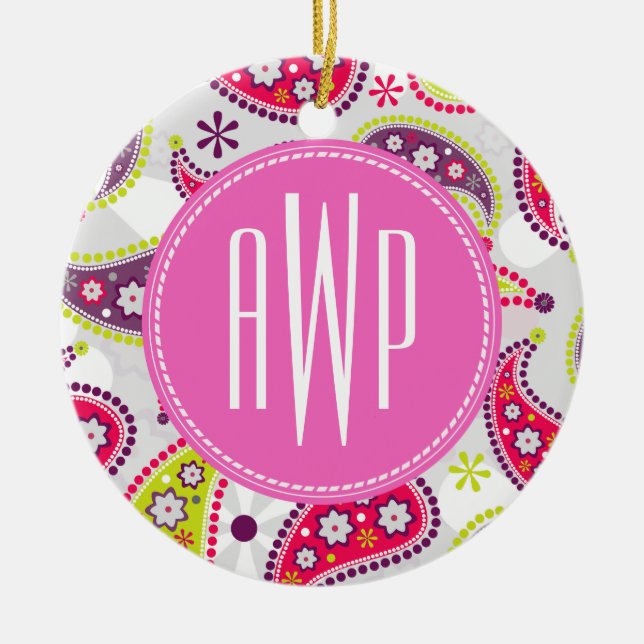 Paisley & Pink Monogram Ceramic Tree Decoration (Front)