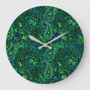Paisley Profusion Vibrant Floral Blue Green Large Clock