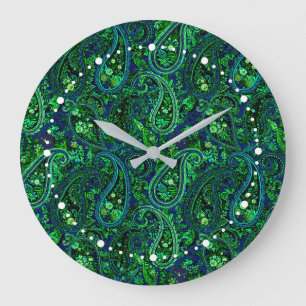 Paisley Profusion Vibrant Floral Blue Green Large Clock