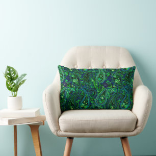 Paisley Profusion Vibrant Floral Blue Green Lumbar Cushion