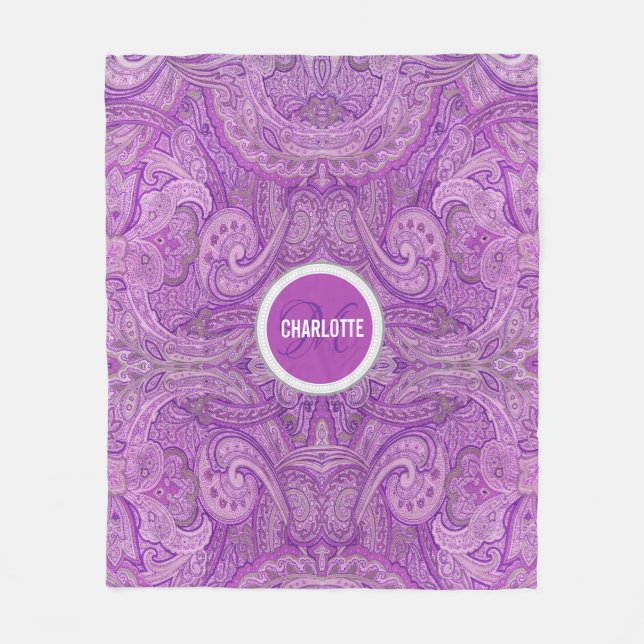 Paisley purple monogram name fleece blanket (Front)