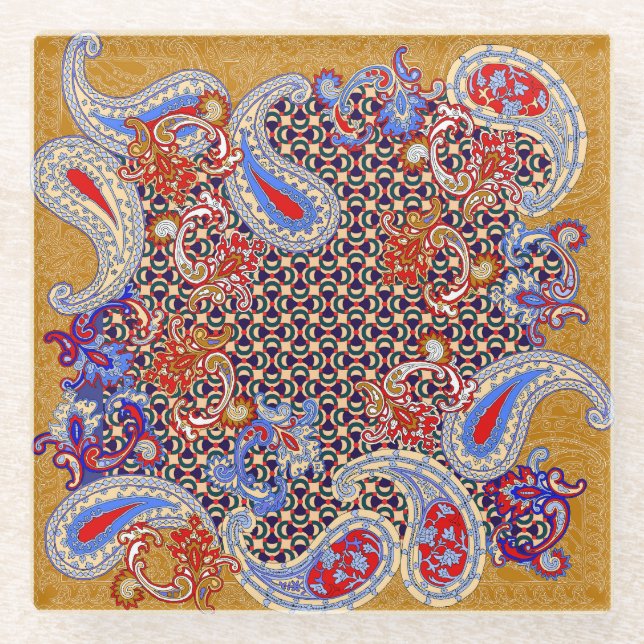 Paisley Scarf: Multicolor Fabric Design Glass Coaster (Front)