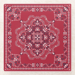 Paisley, skulls, bandanna, square design. glass coaster
