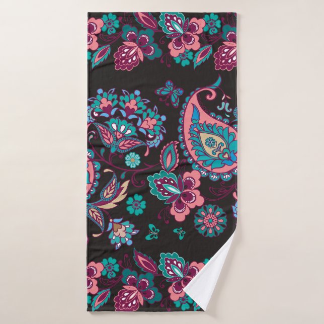 Paisley Stripe: Black Decorative Seamless Bath Towel (Bath Towel)