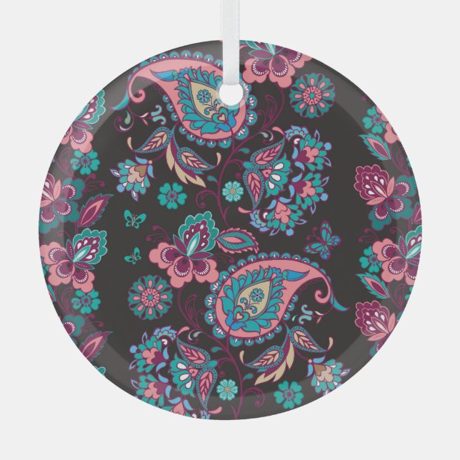 Paisley Stripe: Black Decorative Seamless Glass Tree Decoration (Front)