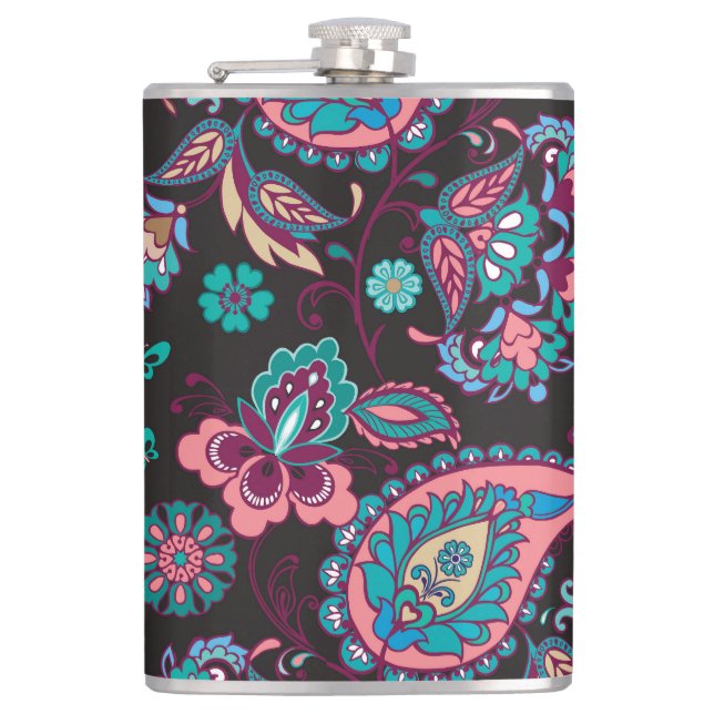Paisley Stripe: Black Decorative Seamless Hip Flask (Front)