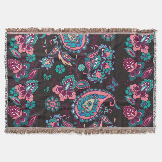 Paisley Stripe: Black Decorative Seamless Throw Blanket (Front)