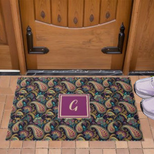 Paisley Vintage Look Black Purple Monogram Initial Doormat