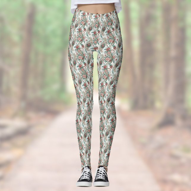 Paisley Vintage Look Rose Burgundy Green Household Leggings (Creator Uploaded)
