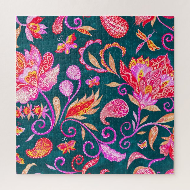 Paisley Watercolor Floral Pattern Tile Jigsaw Puzzle (Vertical)