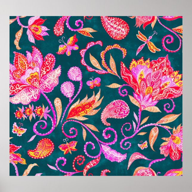 Paisley Watercolor Floral Pattern Tile Poster (Front)