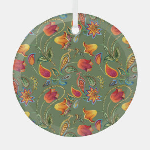 Paisley watercolor flowers, seamless Indian motif. Glass Tree Decoration