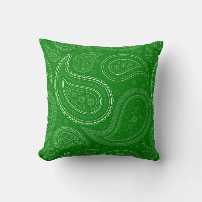 Paisley White on Green Throw Pillow (Front)