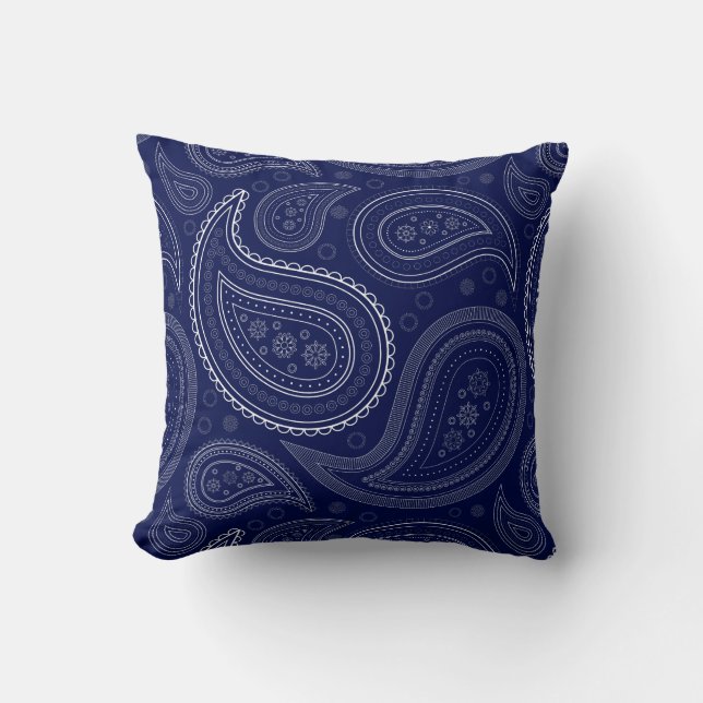 Paisley White on Navy Blue Throw Pillow (Front)