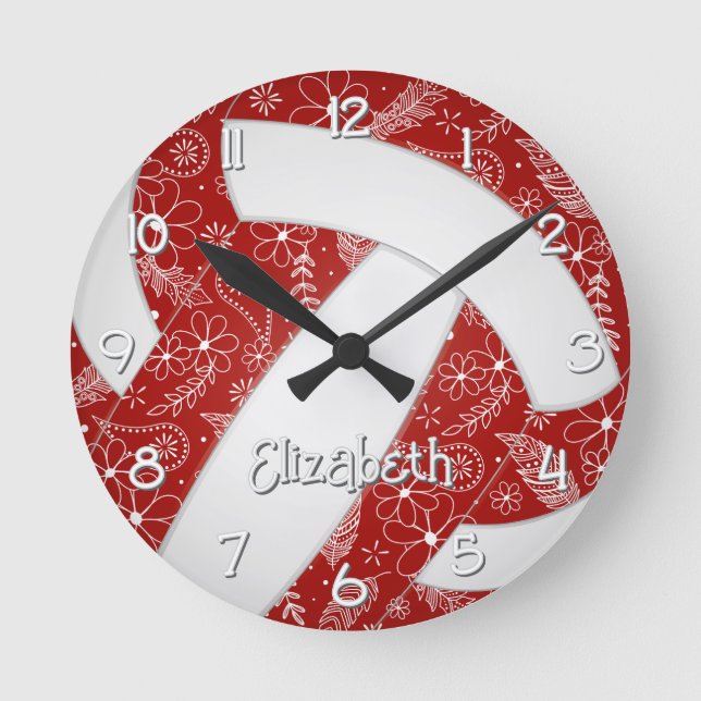 paisleys flowers doodle red boho volleyball round clock (Front)